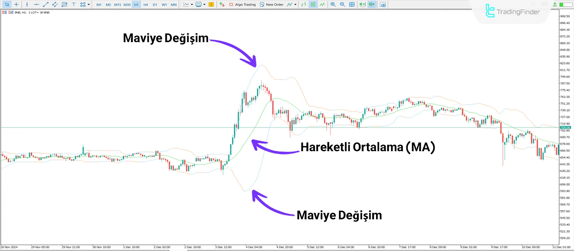 Bollinger Bands Bicolor Göstergesi alt bantları boğa trendinde