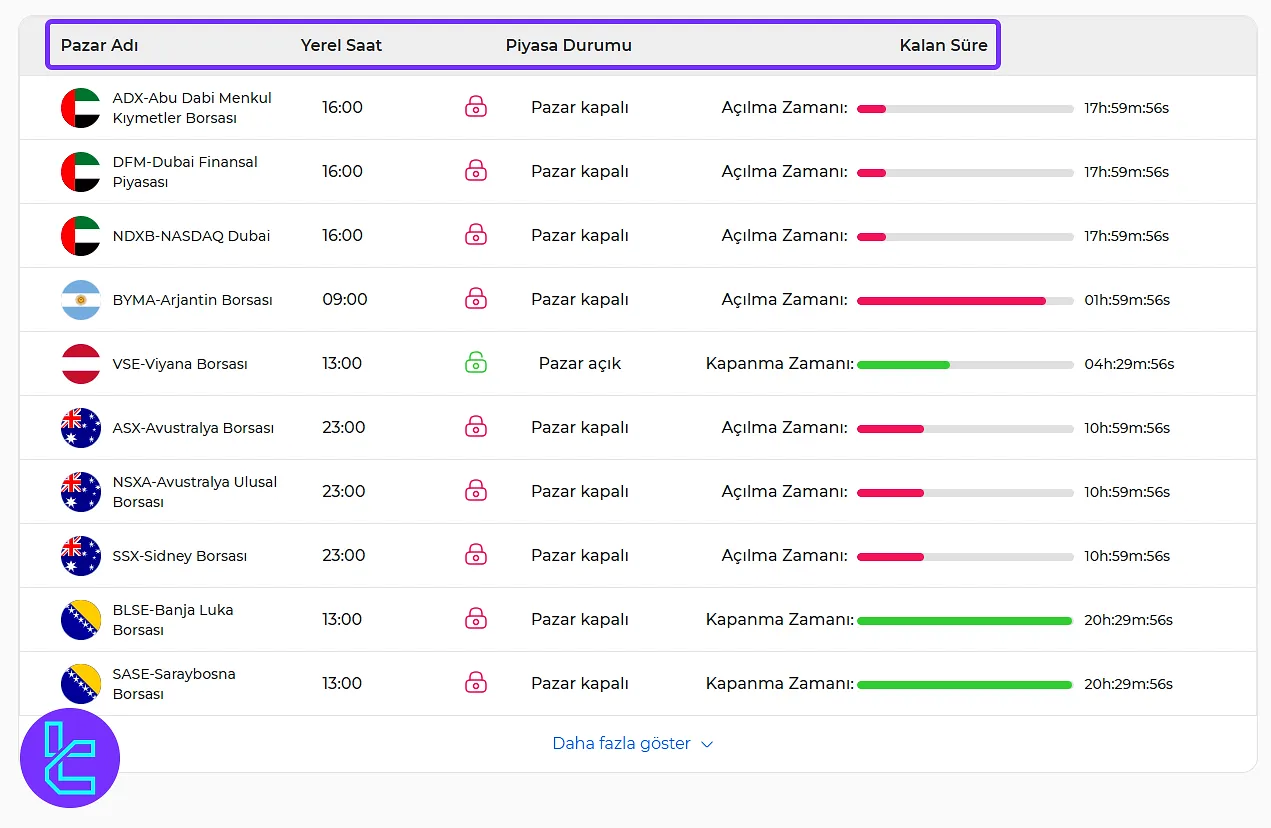 TradingFinder'ın Borsa Saatleri Aracının Parametreleri