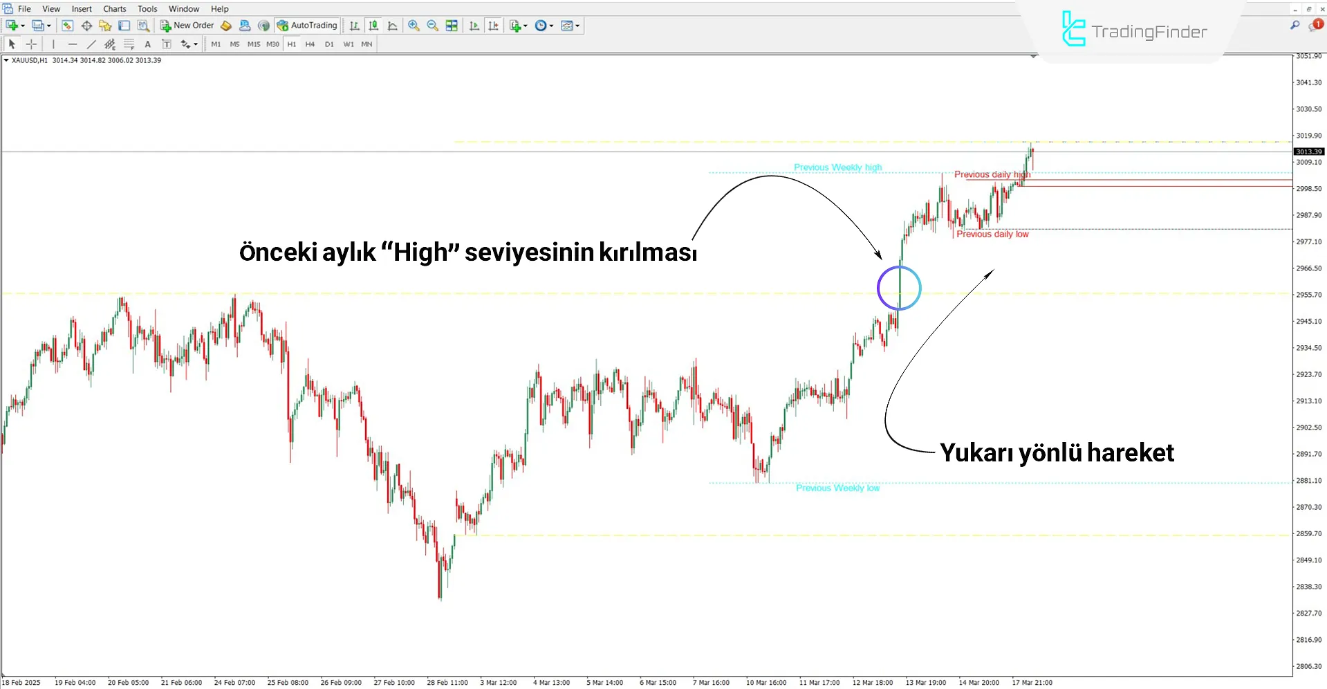 Yükseliş trendinde MTF High Low Göstergesi
