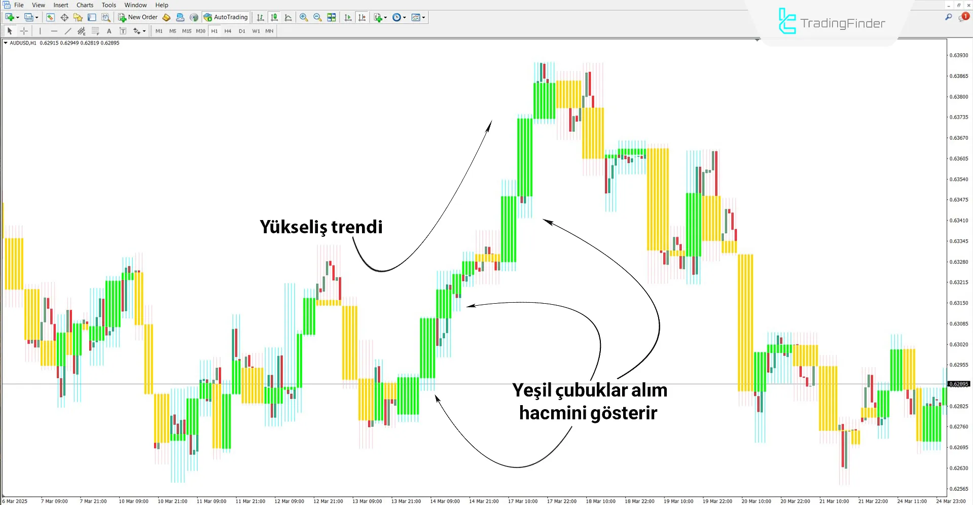 Yükselen trendde Quasi Volume Bars Göstergesi