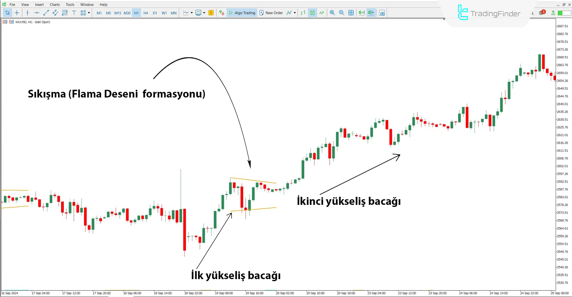 Yükselen trendde Flama Deseni göstergesi