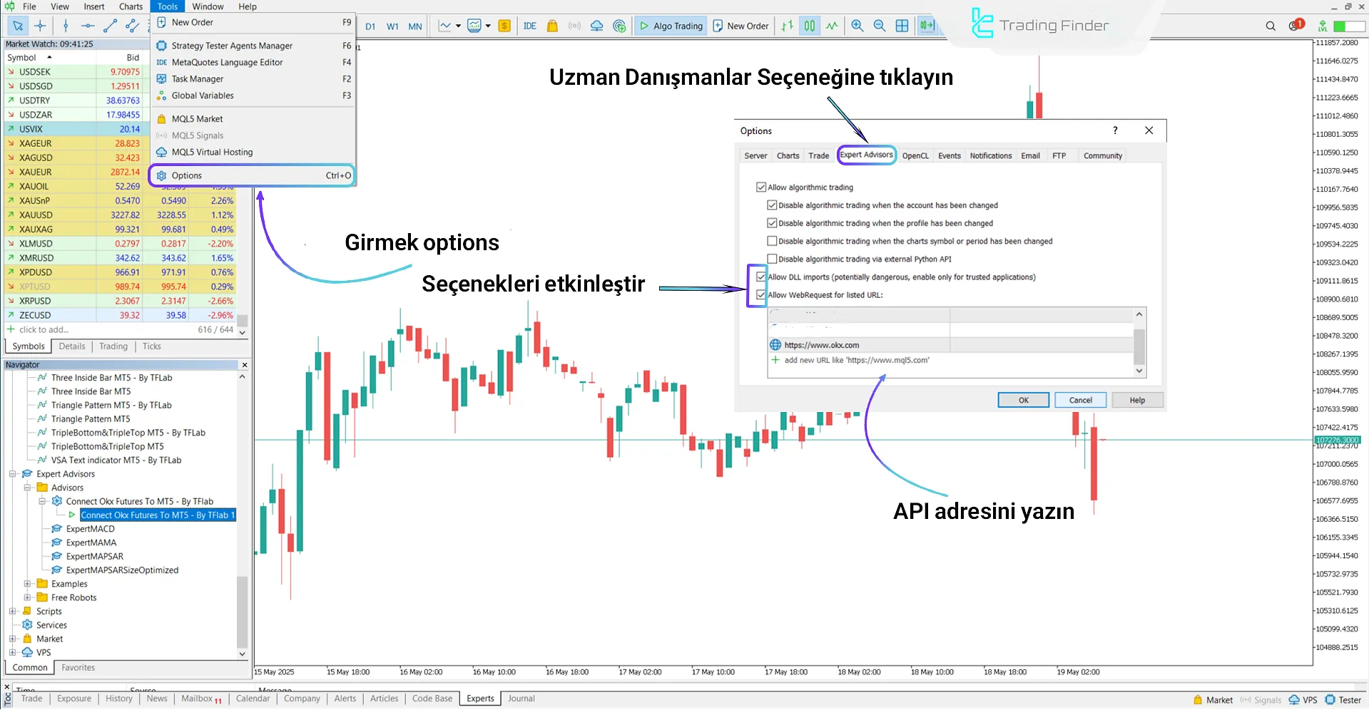 OKX Futures’ı MT5’e bağlamak için “Tools” menüsündeki ayarlar bölümü
