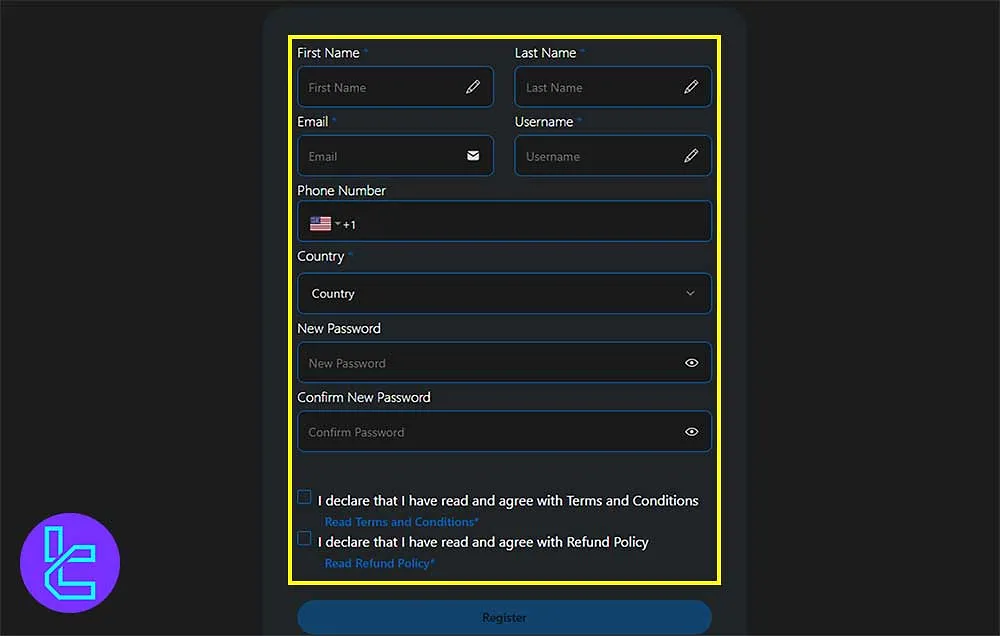 FX2 Funding Kayıt Formunda Kişisel Bilgiler Bölümü