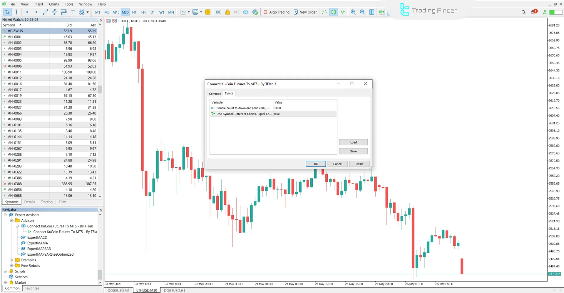KuCoin Futures’tan MT5’e bağlantı aracının ayar paneli