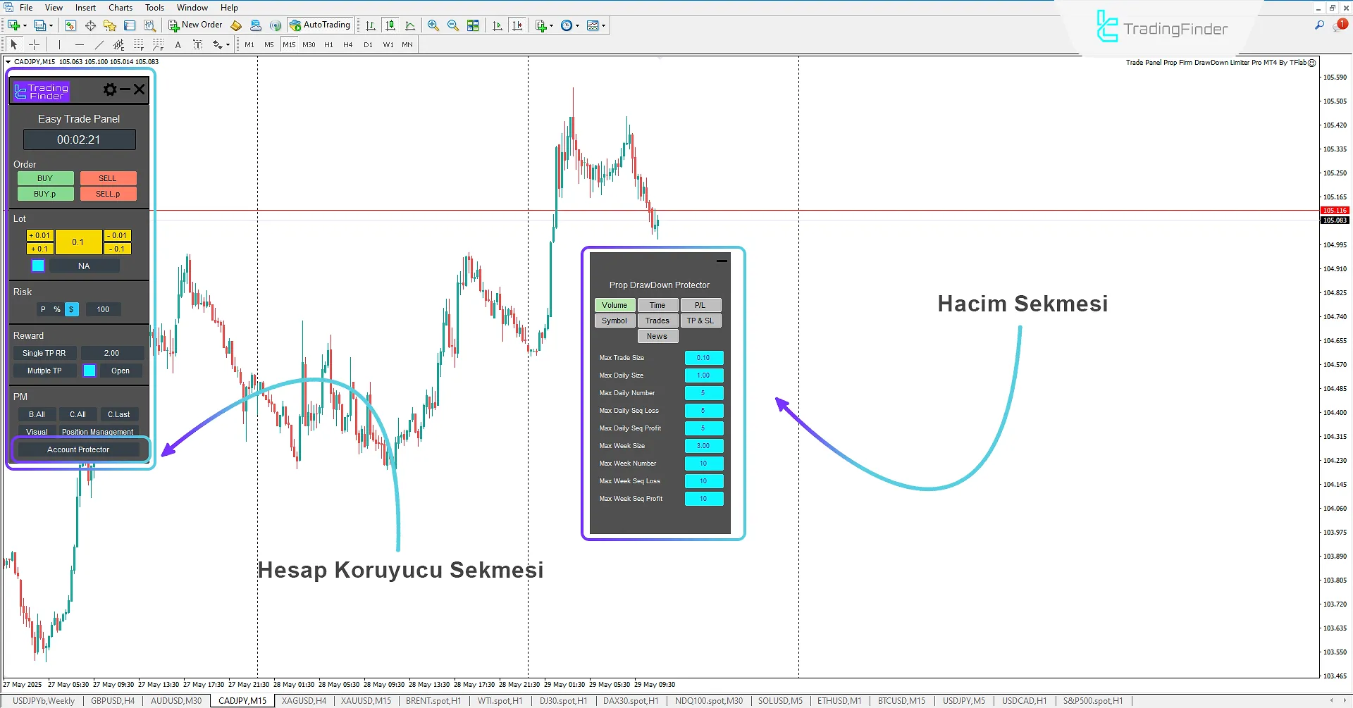 Trade Panel Prop Firm Drawdown Limiter Pro'da İşlem Hacmi Ayarlama Sekmesi