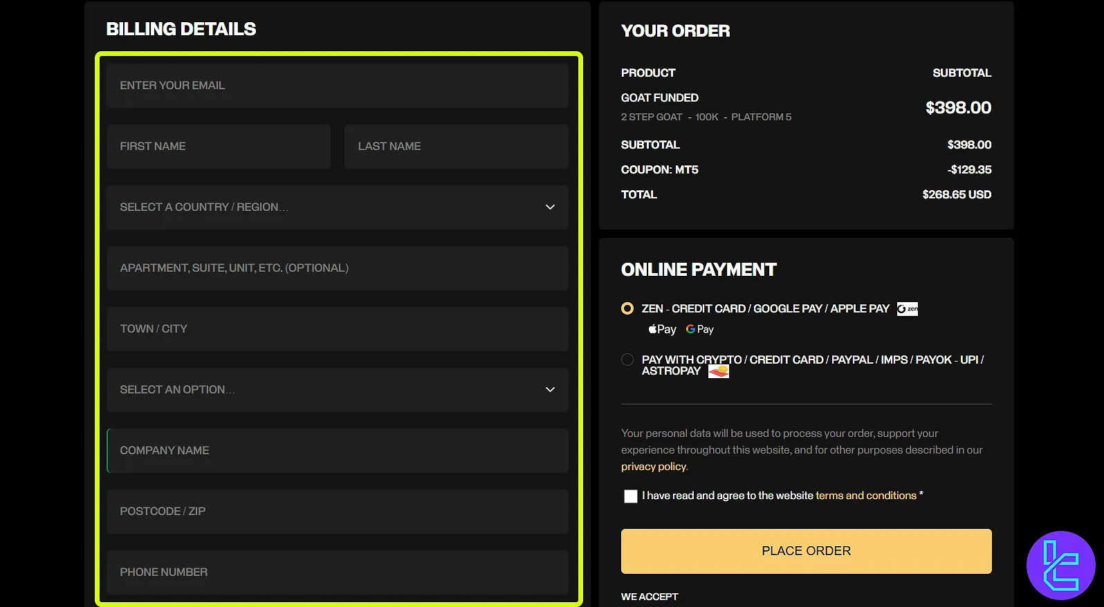 Goat Funded Trader kayıt formu