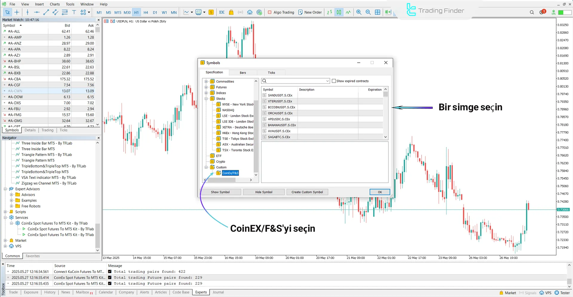 CoinEX Spot ve Futures Bağlayın için MT5’te Custom bölümünden sembol seçimi