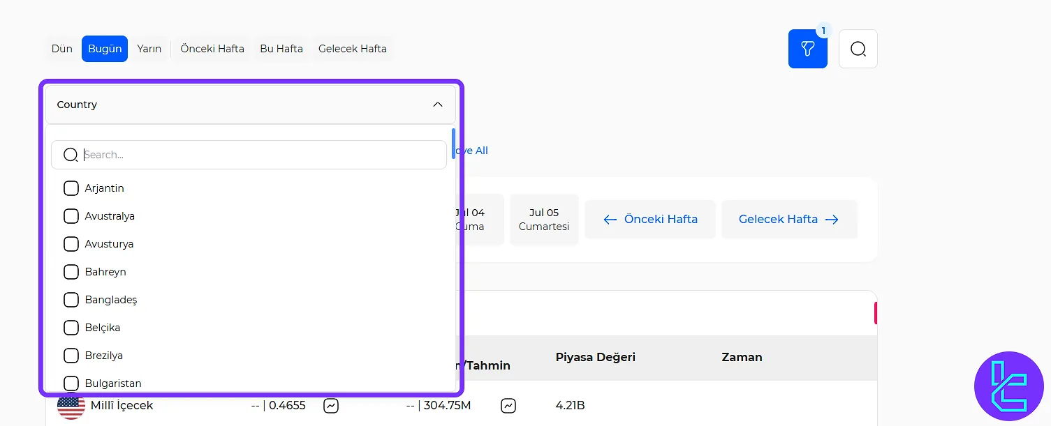 Kazanç takvimi aracında ülke filtreleri