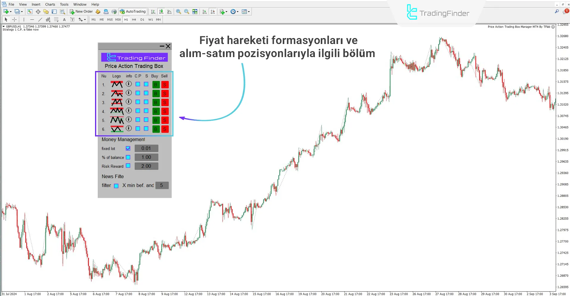 Price Action Ticaret Kutu Yöneticisi Expert’in yönetim paneli