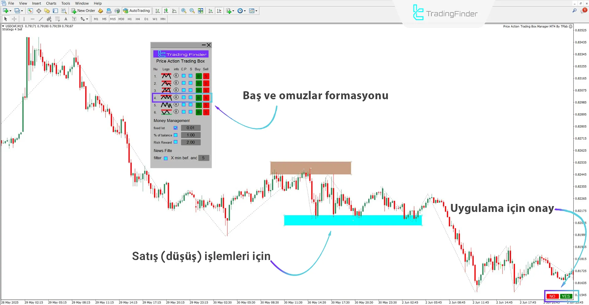 Price Action Ticaret Kutu Yöneticisi Expert panelinde Omuz Baş Omuz formasyonu