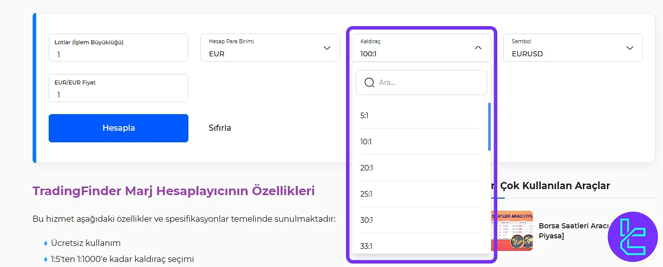 Marj hesaplama aracında kaldıraç miktarı