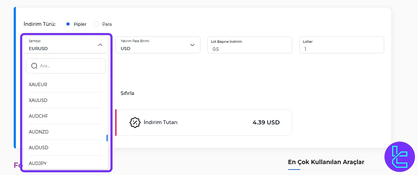 TradingFinder Rebate Hesaplayıcı Aracındaki Sembol Listesi