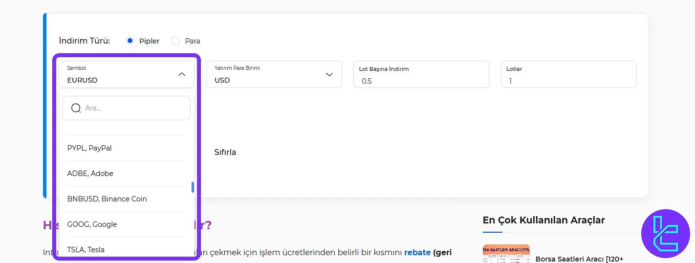 TradingFinder Hisse Rebate Hesaplayıcısındaki Hisse Sembolleri Listesi
