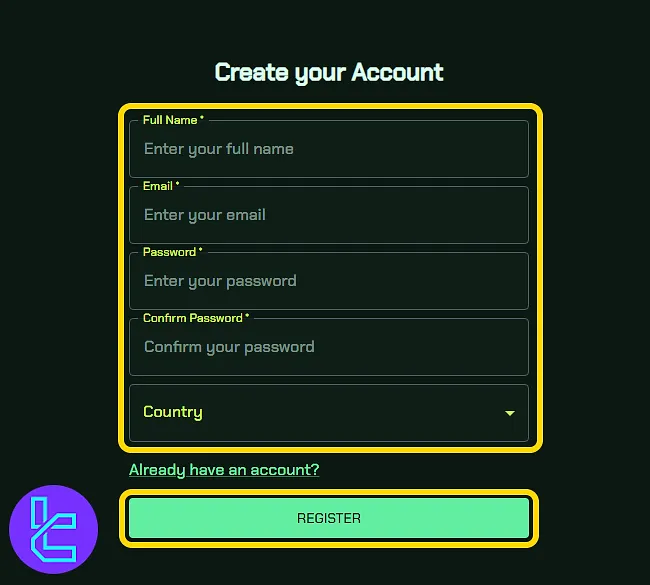 Kişisel bilgiler ve şifreyle Funding Frontier hesap kurulum formu