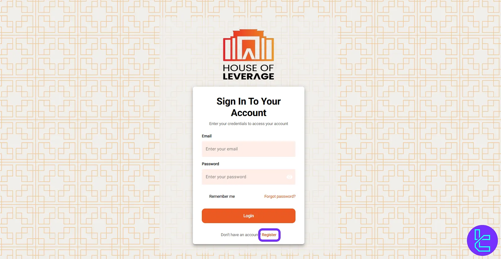 House of Leverage kayıt ekranı