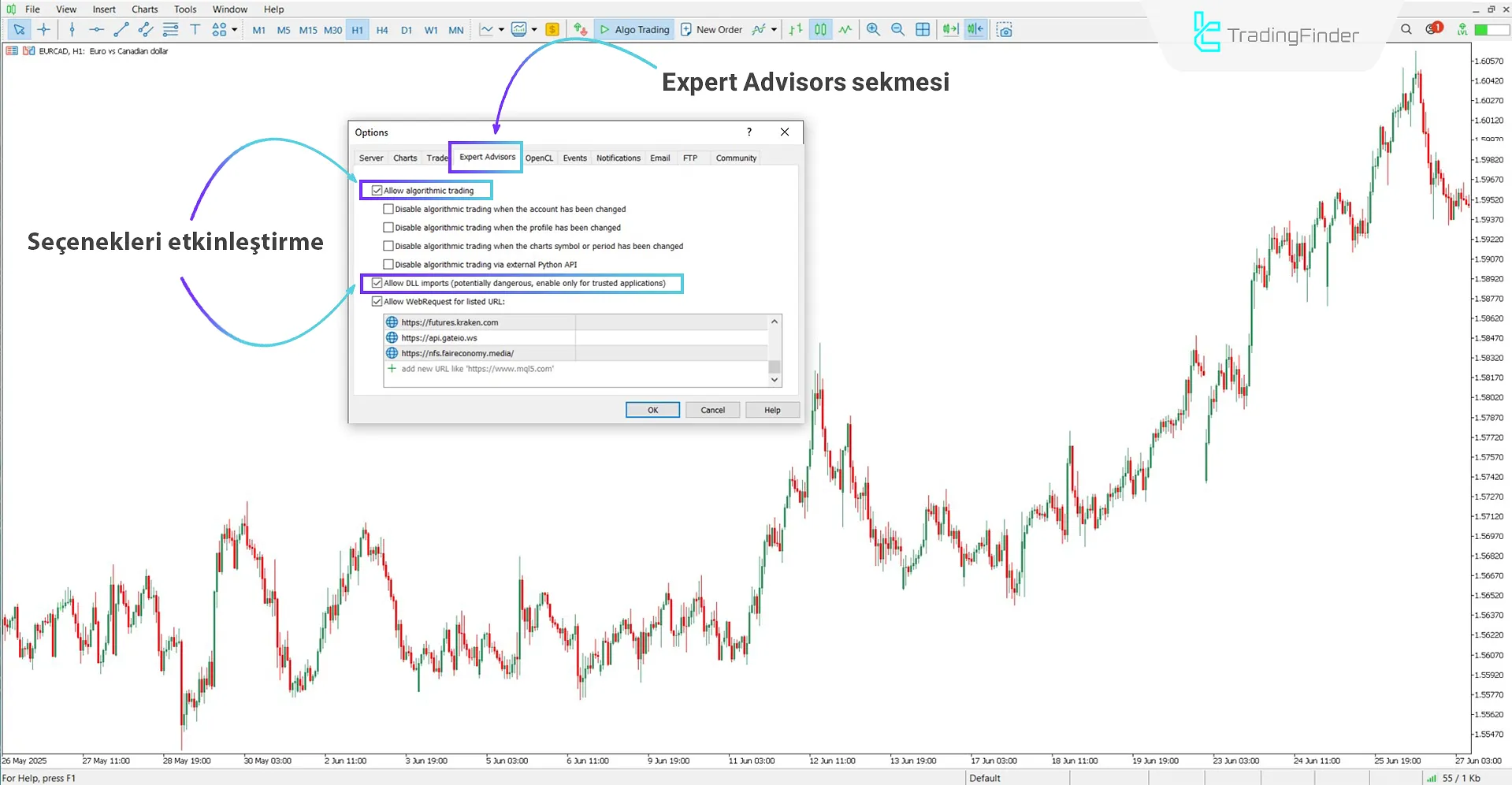 "DLL" ve "Allow automated trading" etkinleştiriliyor