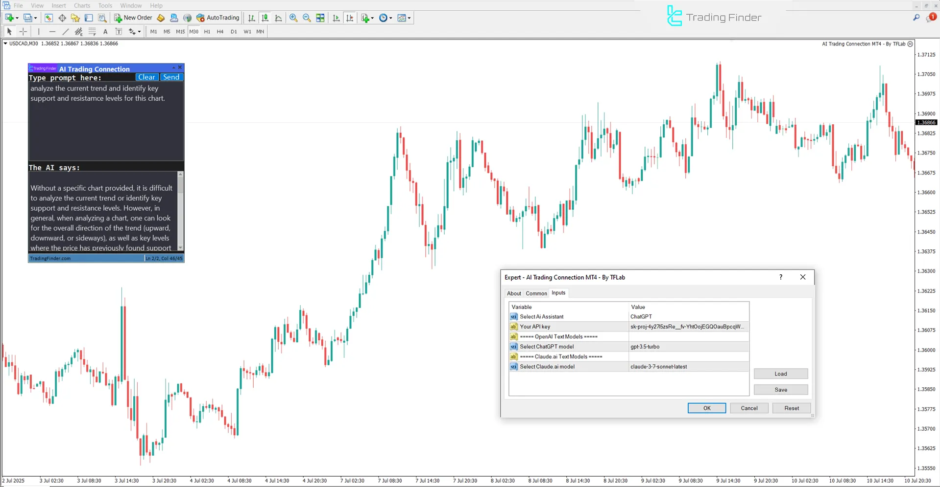 Yapay Zeka Ticaret Bağlantısı Expert ’nın iç ayarları