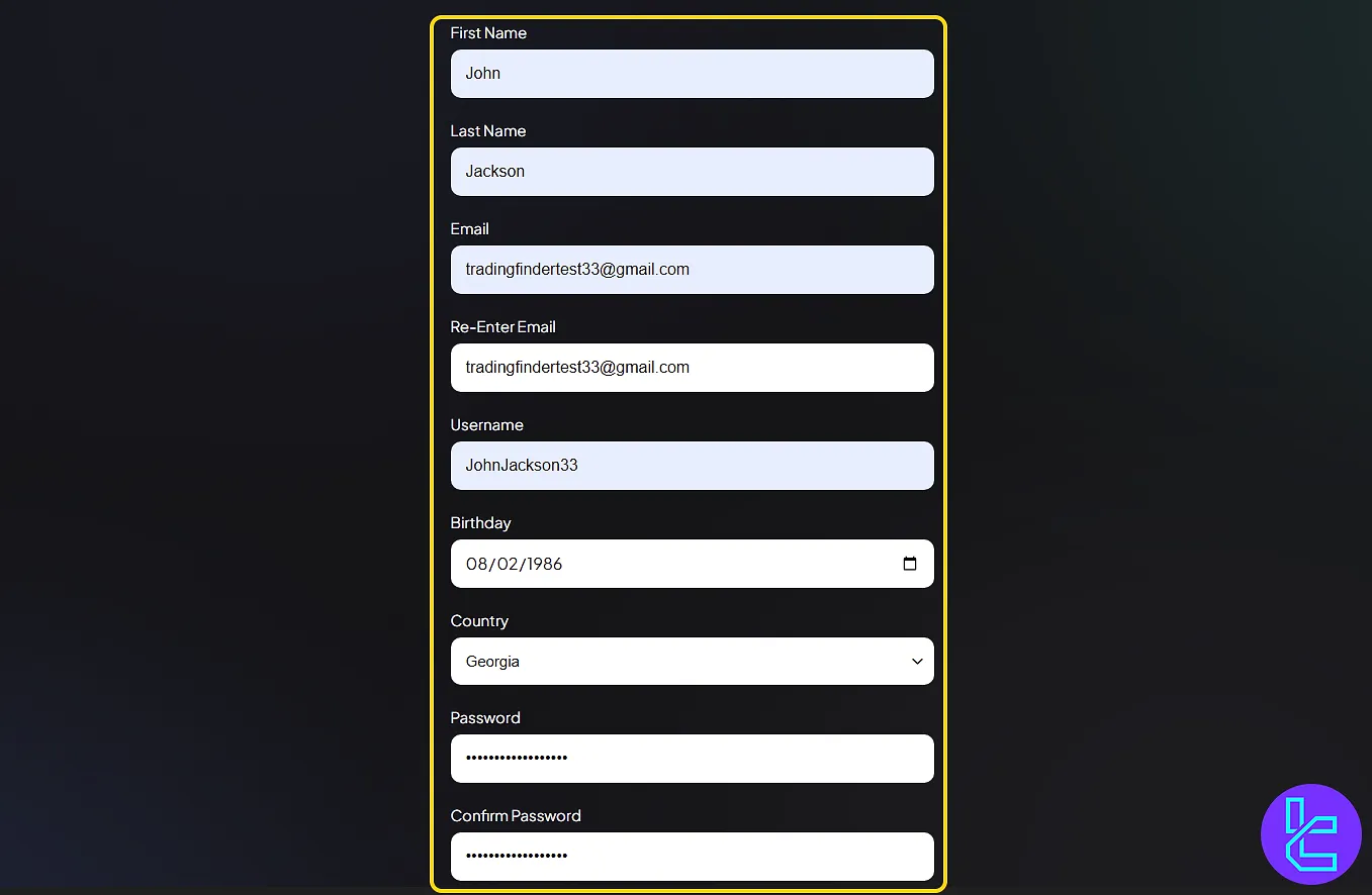 FXIFY hesap oluşturma için giriş alanları