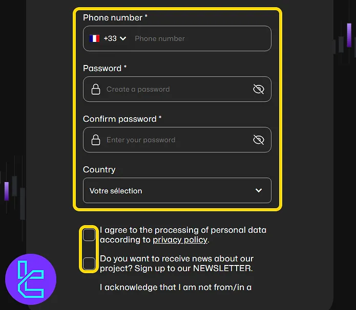 WeGetFunded account setup form with personal and login information