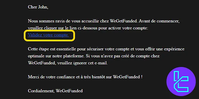 WeGetFunded verification email with an account activation link to finish the account setup