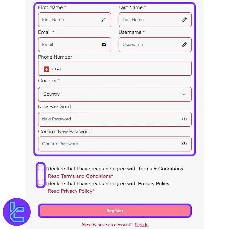 Kullanıcı ve iletişim bilgileriyle doldurulmuş Fuze Traders hesap oluşturma formu