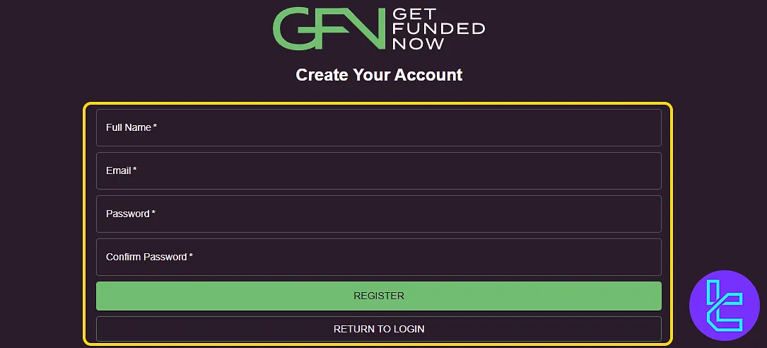 Get Funded Now hesap kurulumu için kişisel bilgi girişi