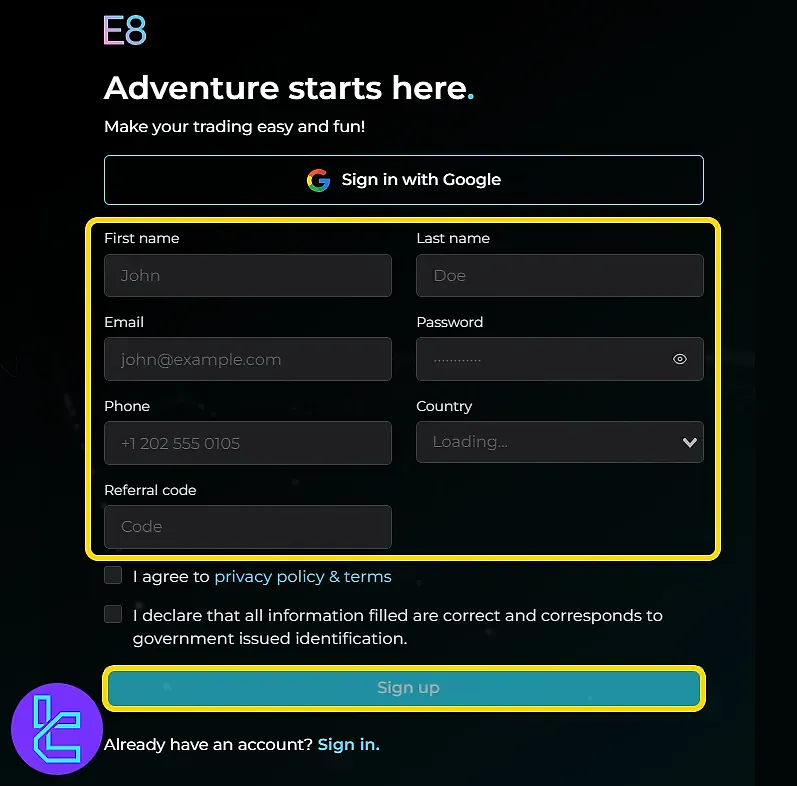 E8 Markets Kayıt Formu