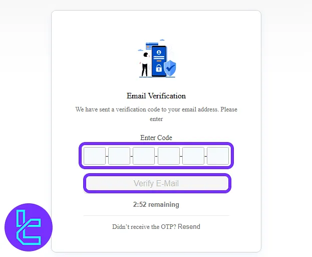 Hesap oluşturmayı tamamlamak için FundedNext e-posta doğrulama kodu giriş ekranı