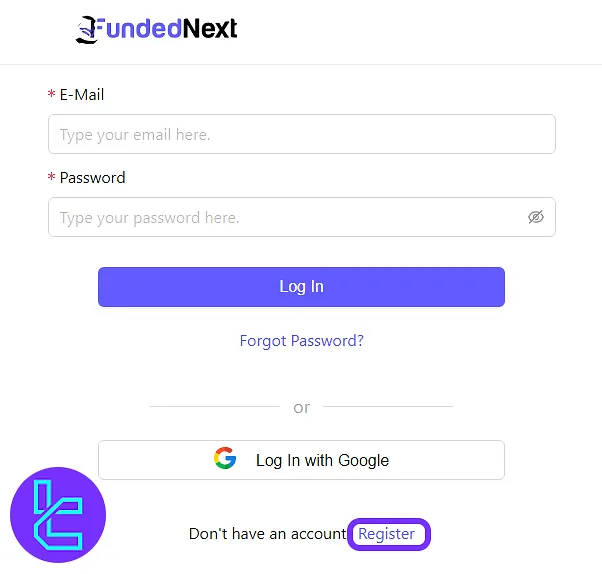 FundedNext giriş sayfası Kayıt düğmesini vurguluyor