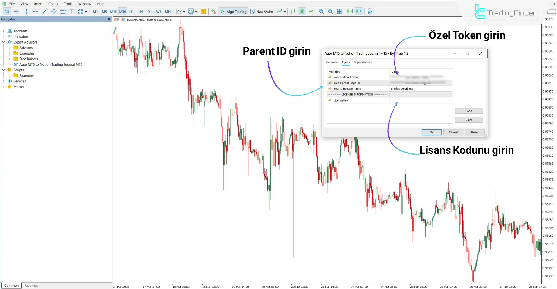 Notion için MT5 İşlem Günlüğü Expert’inin grafiğe uygulanması