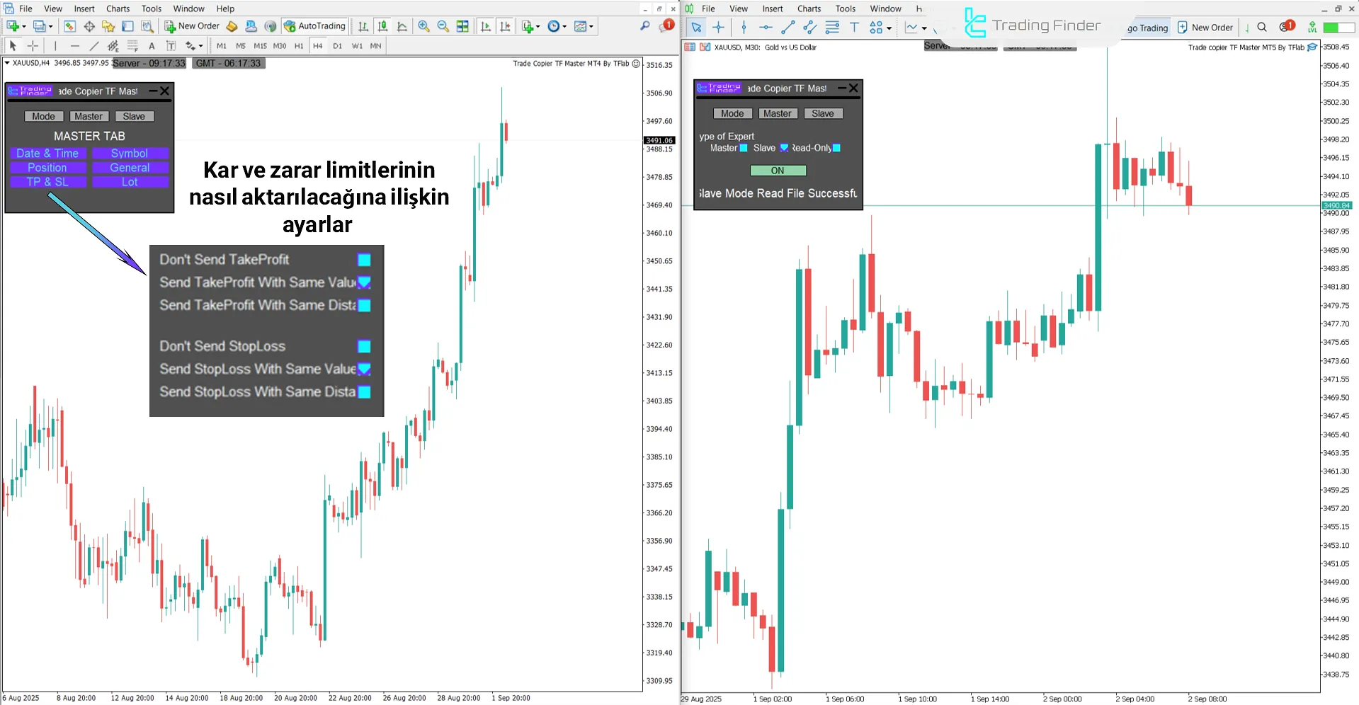 Trade Copier TF Master Expert Advisor’da kâr al ve zarar durdurun Slave hesaba aktarılması
