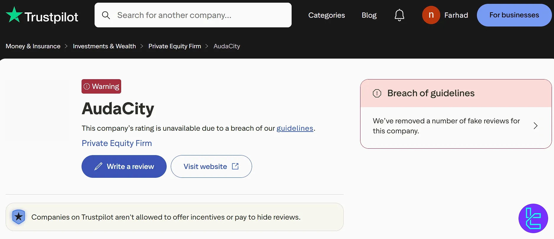 AudaCity Capital Trustpilot