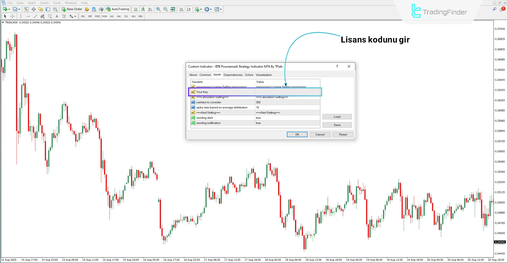 BTB Strateji Göstergesi için lisans kodunu girme