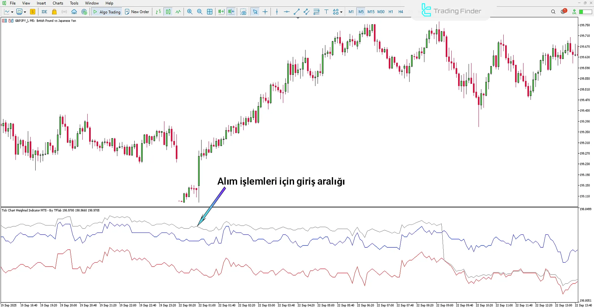 Tick Chart Weighted Göstergesinde yükseliş trendi analizi