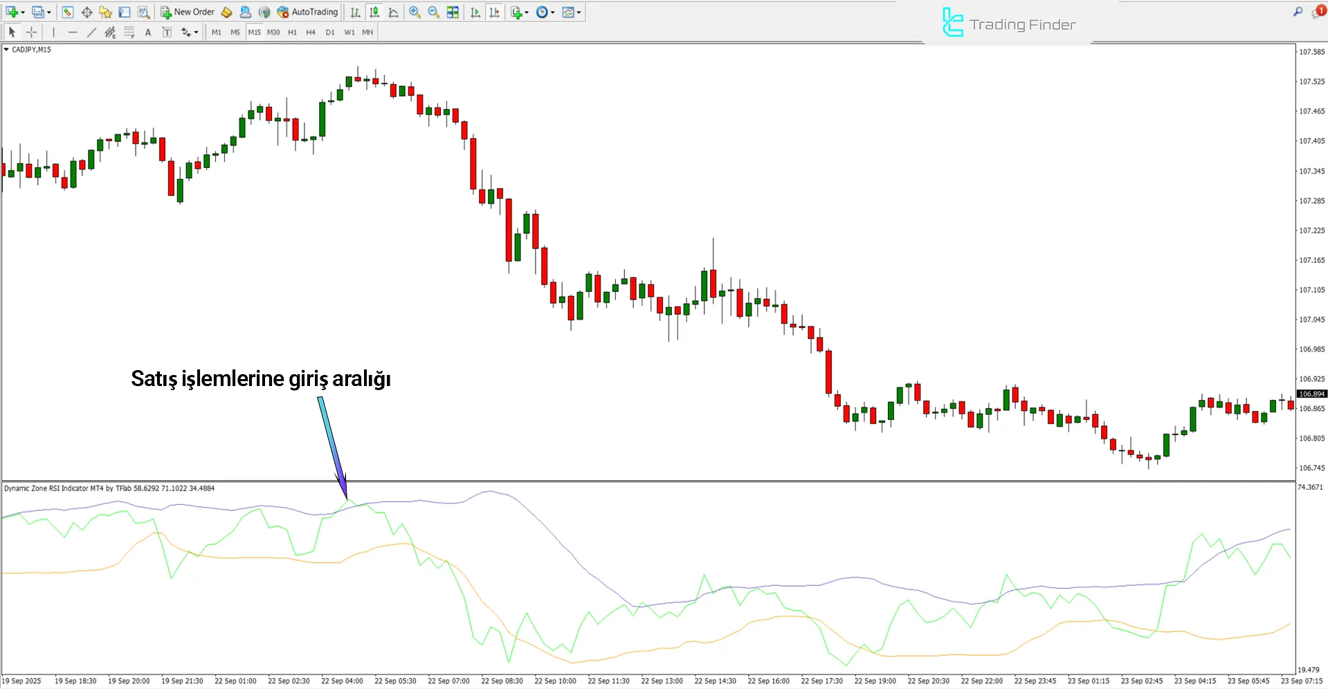 Dynamic Zone RSI Göstergesinde düşüş trendi analizi