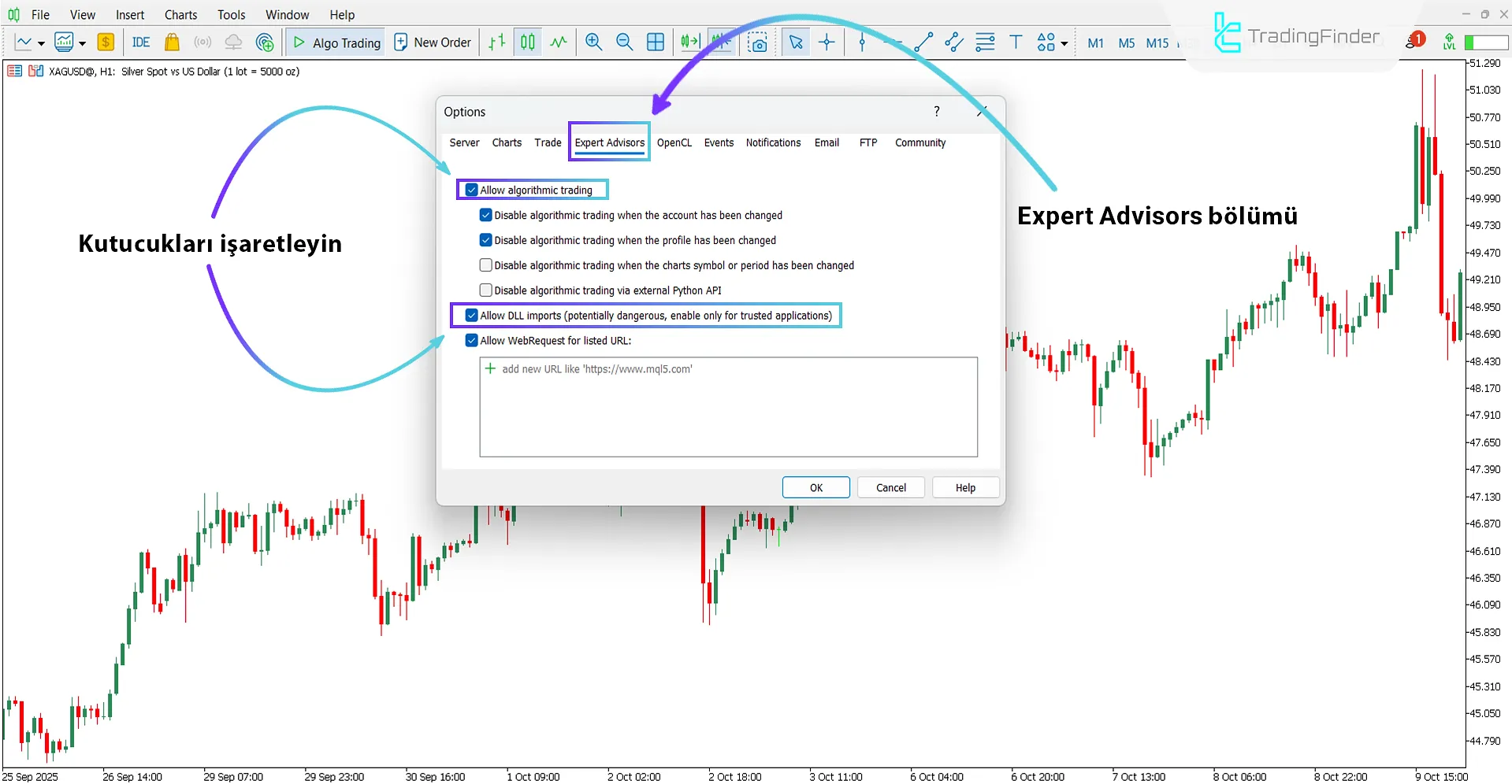 MetaTrader 5 ayarlarında "DLL" seçeneğini etkinleştirme
