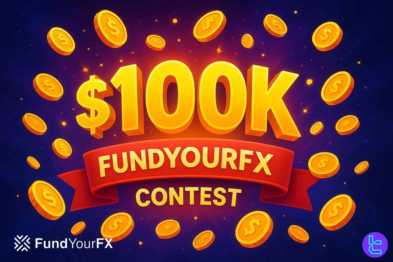 Grafikler ve altın paralarla FundYourFX $100K yarışma promosyonu