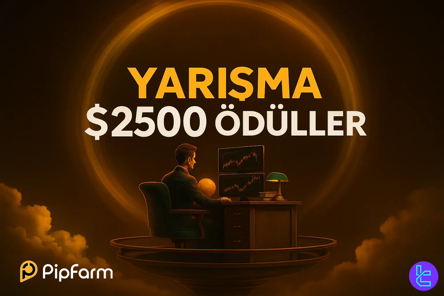 PipFarm işlem yarışması promosyonu, %50 indirim ve $2500 ödülleri vurguluyor