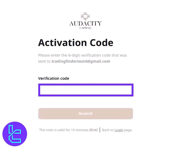 AudaCity Capital formuna e-posta doğrulama kodunu girerek kayıt sürecini tamamlama
