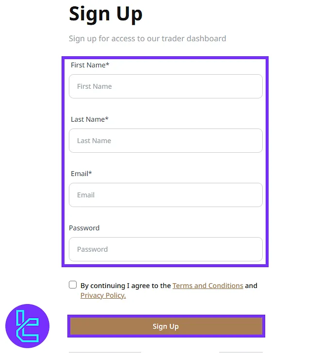 AudaCity Capital hesap oluşturma için e-posta ve parola girme