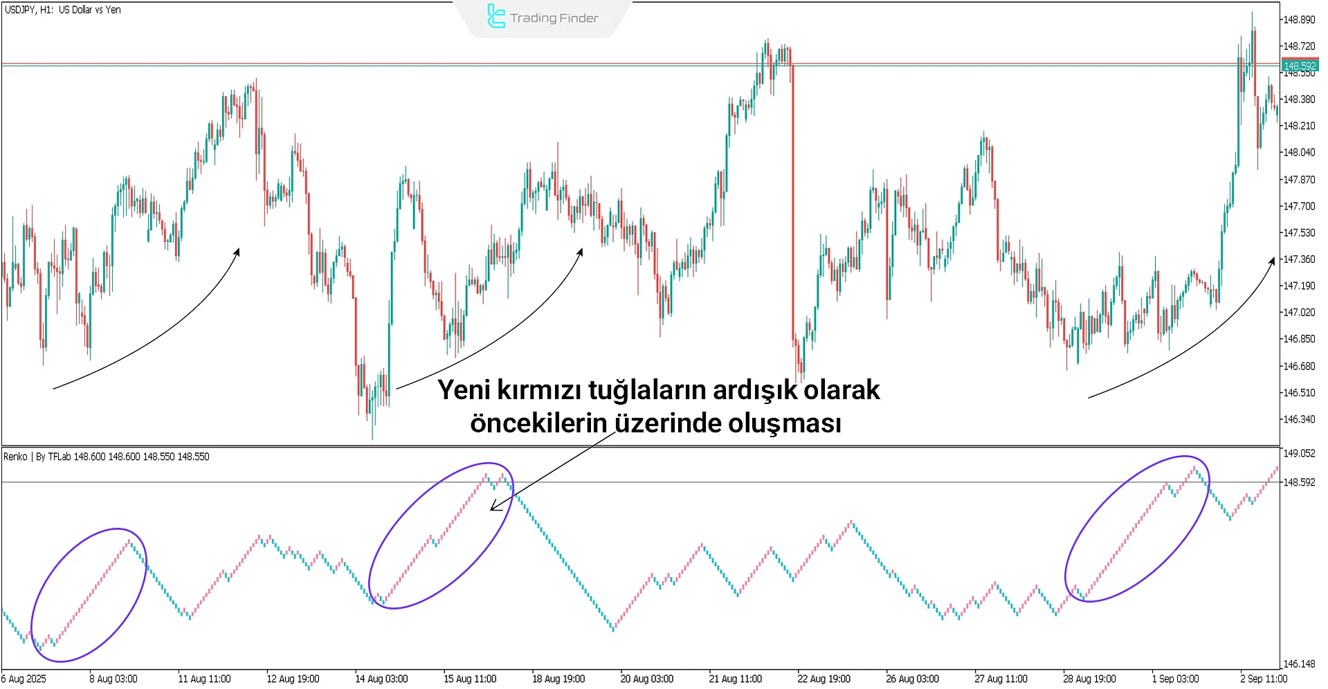 Renko indikatörüyle yükseliş trendi örneği