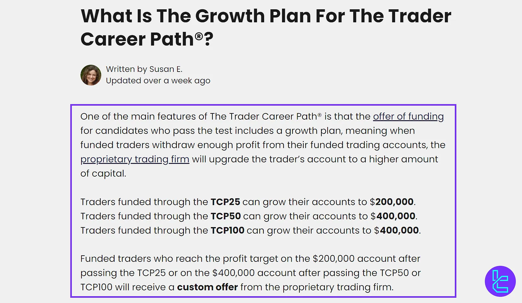 Earn2Trade Trader Career Path ölçeklendirme planı, $25K ile $400K arasında hesap büyüme aşamalarını içerir