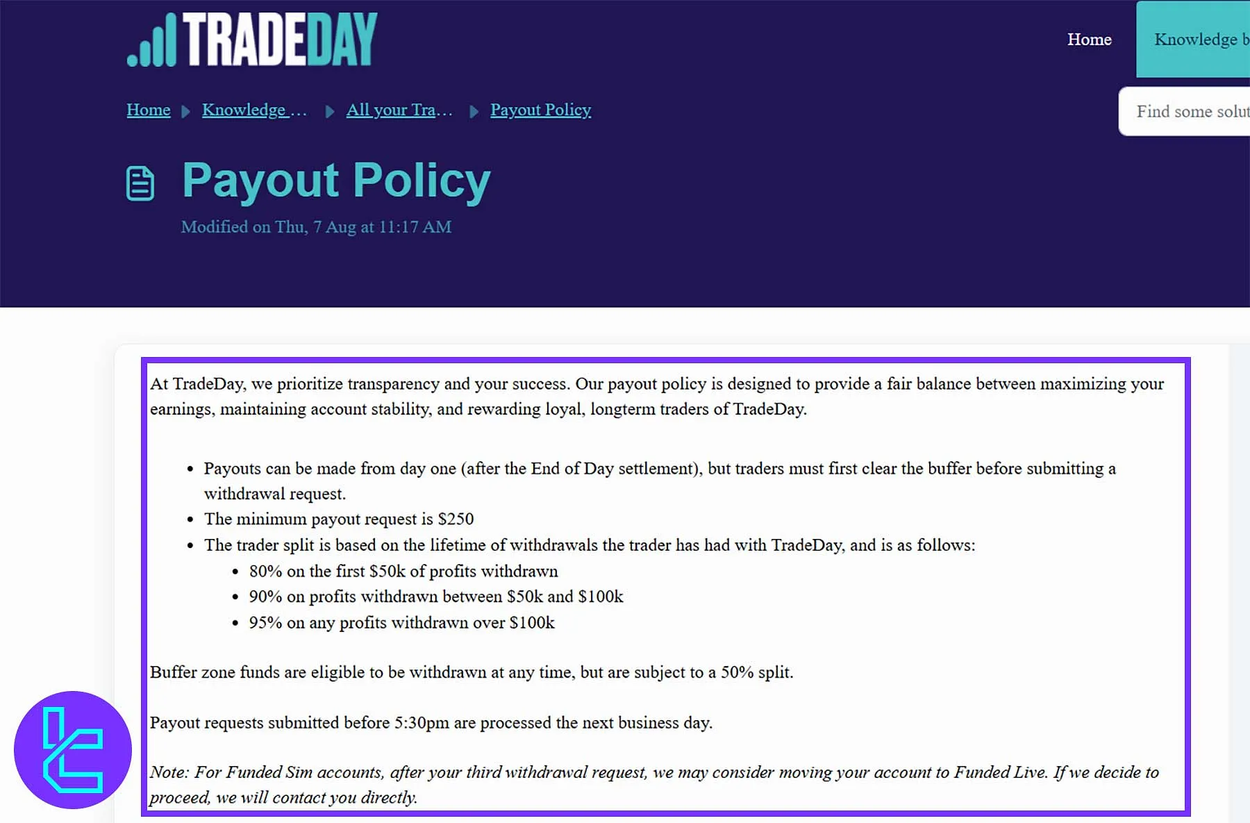 TradeDay ödeme süreci ve kâr paylaşım oranları grafiği