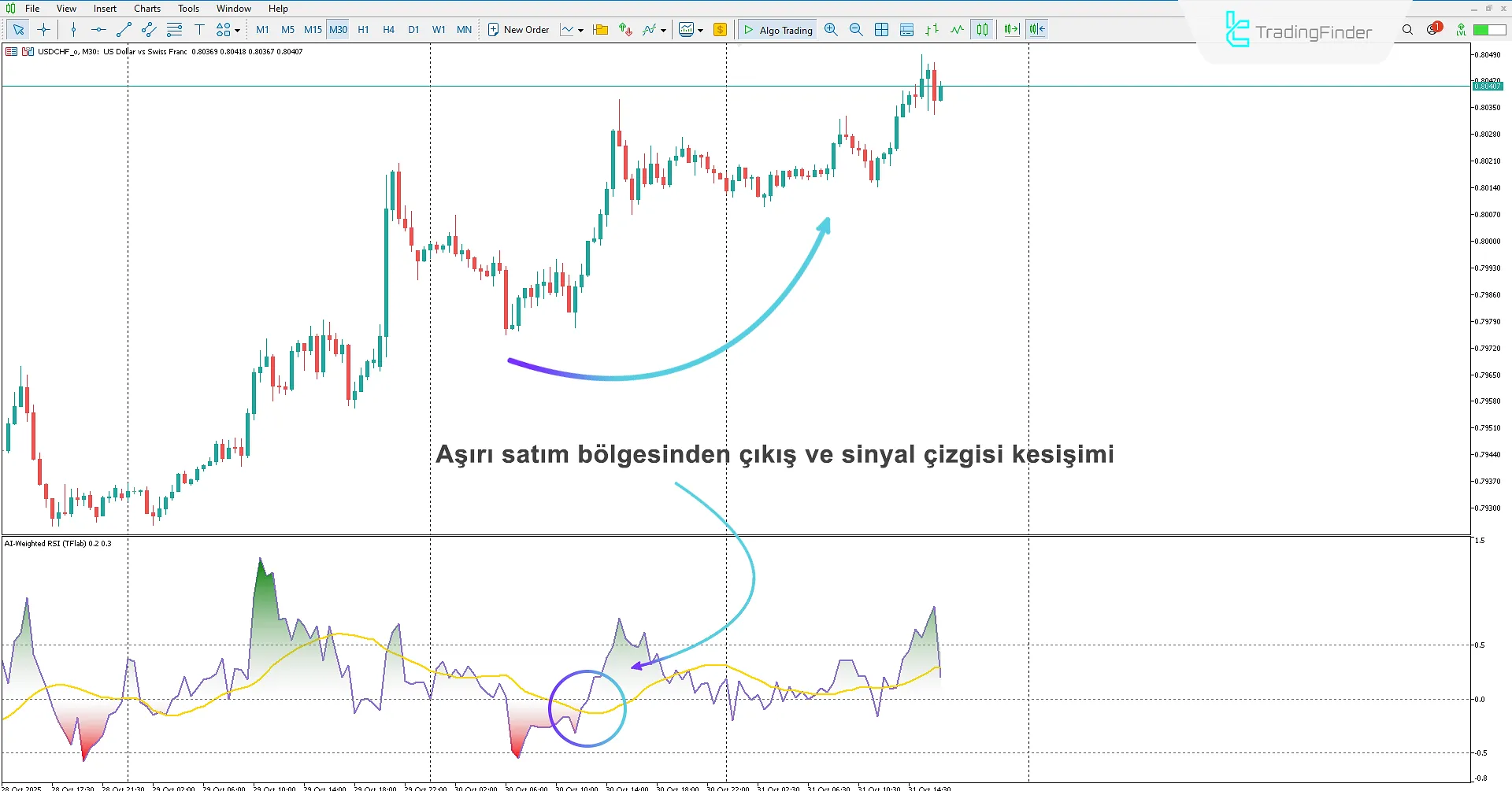 AI Weighted RSI Göstergesinde Aşırı Satım Bölgesinin Gösterilmesi