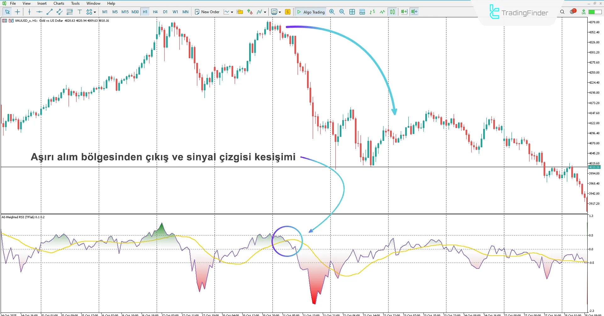 AI Weighted RSI Göstergesinde Aşırı Alım Bölgesinin Gösterilmesi